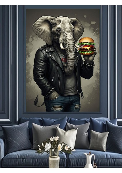 Burger Yiyen Fil Dekoratif Kanvas - Mdf Ahşap Tablo