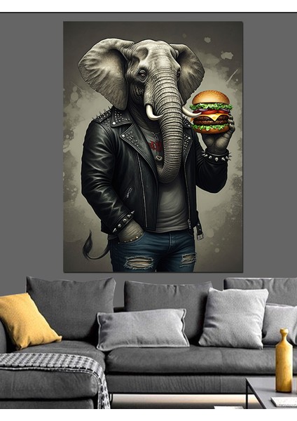 Burger Yiyen Fil Dekoratif Kanvas - Mdf Ahşap Tablo