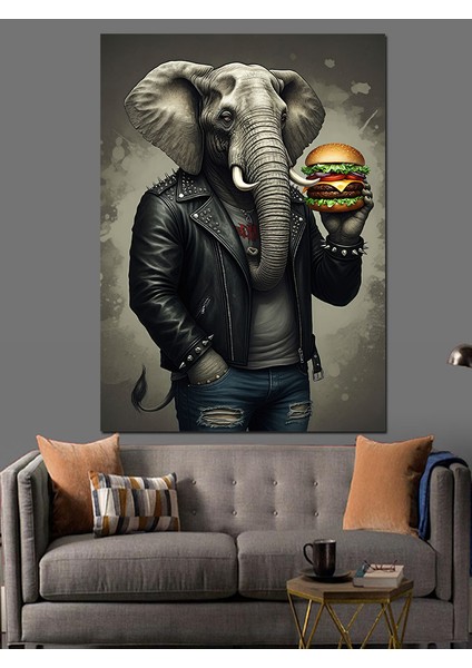 Burger Yiyen Fil Dekoratif Kanvas - Mdf Ahşap Tablo