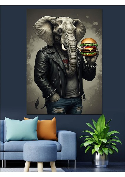 Burger Yiyen Fil Dekoratif Kanvas - Mdf Ahşap Tablo