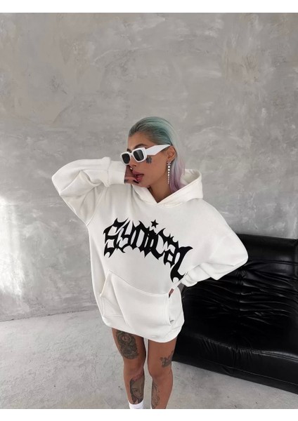 Unisex Üç Iplik Kapüşonlu Baskılı Sweatshirt - Beyaz