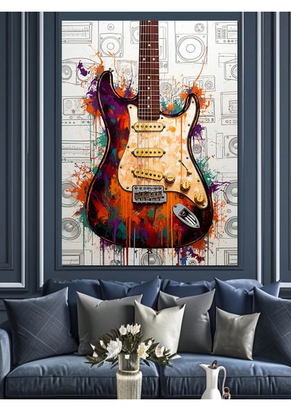 Renkli Elektro Gitar Dekoratif Kanvas - Mdf Ahşap Tablo