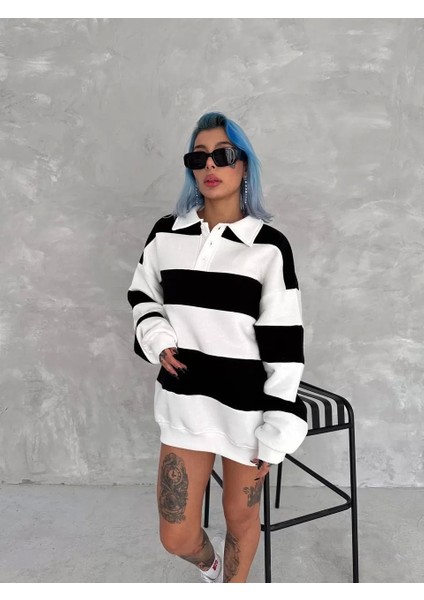 Unisex Üç Iplik Parçalı Yakalı Sweatshirt - Siyah