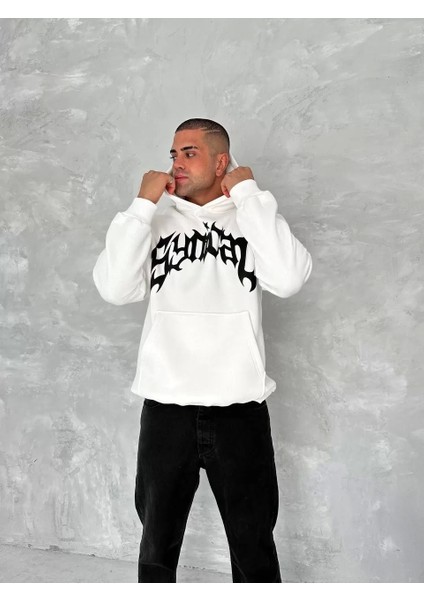 Unisex Üç Iplik Kapüşonlu Baskılı Sweatshirt - Beyaz
