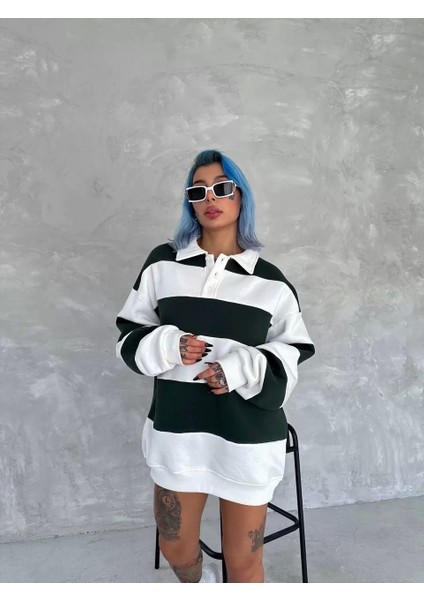 Unisex Üç Iplik Parçalı Yakalı Sweatshirt - Yeşil modelleri