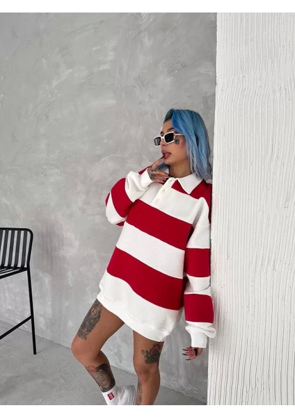 Unisex Üç Iplik Parçalı Yakalı Sweatshirt - Kırmızı indirimleri