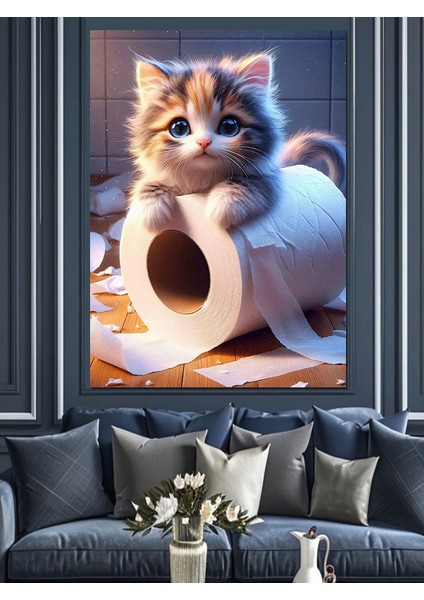 Rulo Kağıt Üzerinde Kedi Dekoratif Kanvas - Mdf Ahşap Tablo