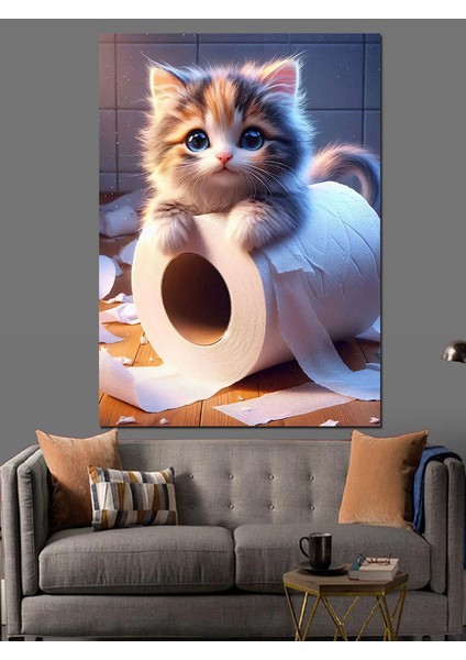 Rulo Kağıt Üzerinde Kedi Dekoratif Kanvas - Mdf Ahşap Tablo