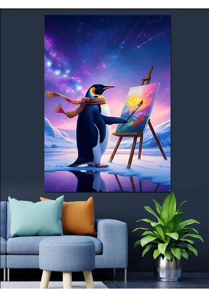 Ressam Penguen Dekoratif Kanvas - Mdf Ahşap Tablo