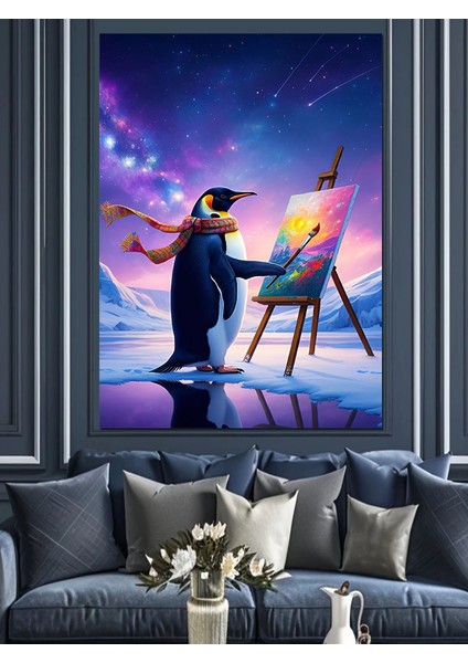 Ressam Penguen Dekoratif Kanvas - Mdf Ahşap Tablo