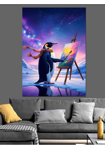 Ressam Penguen Dekoratif Kanvas - Mdf Ahşap Tablo