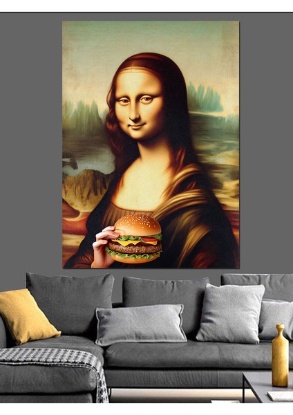 Burger Tutan Mona Lisa Dekoratif Kanvas - Mdf Ahşap Tablo