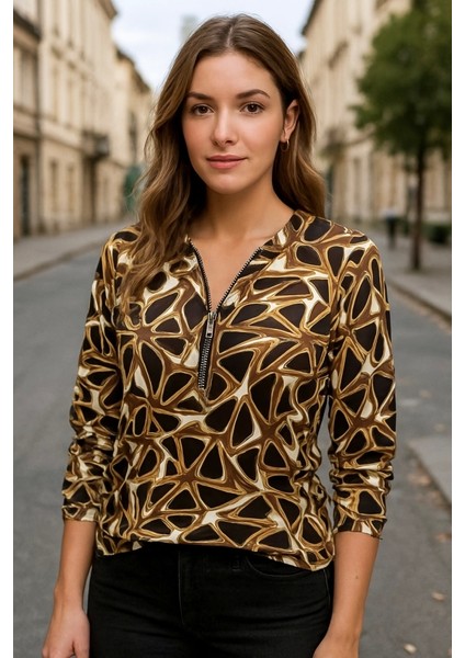Kadın Uzun Kollu Yuvarlak Yaka Fermuarlı Desenli Şardonlu Bluz
