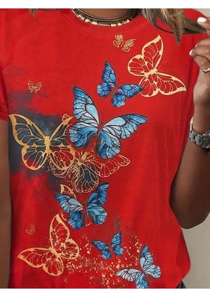 Kadın Kısa Kollu Mavi Sarı Kelebek Baskı Süprem Bluz fiyatları