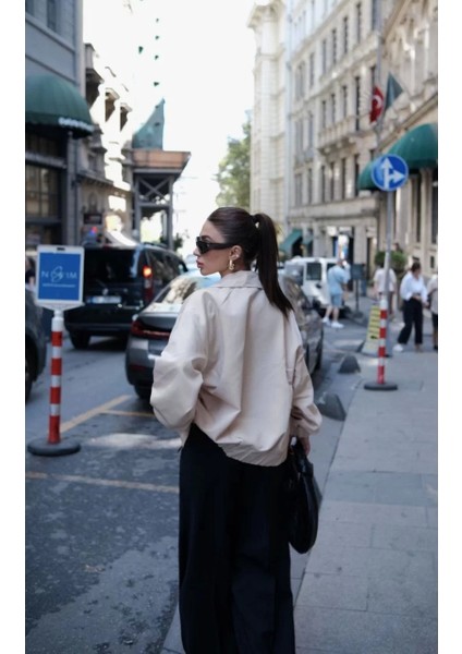 Fermuarlı Gömlek Yaka Bomber Ceket - Beyaz modelleri