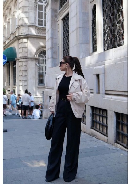 Fermuarlı Gömlek Yaka Bomber Ceket - Beyaz indirimleri