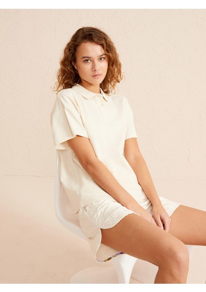Kadın Bej Oversize Pamuklu Polo Yaka Basic Tişört