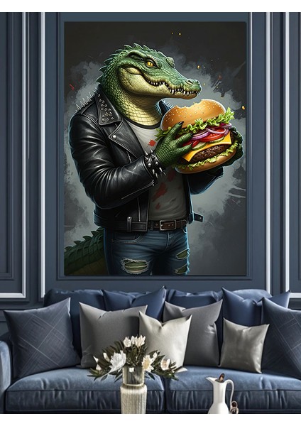 Burger Tutan Timsah Dekoratif Kanvas - Mdf Ahşap Tablo fiyatları
