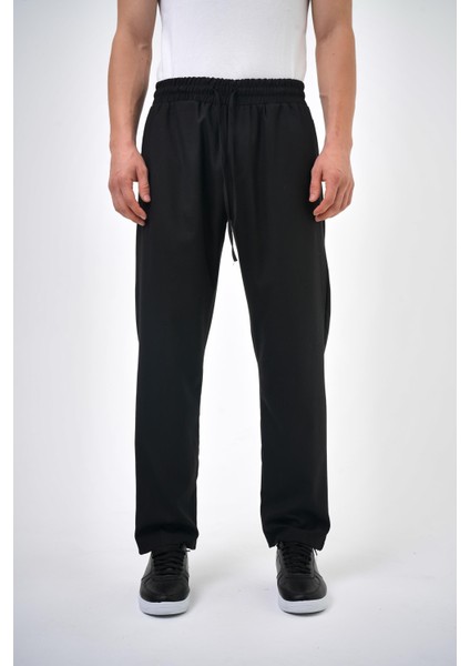 Erkek Regular Fit Bağcıklı Düz Paça Pantolon Siyah