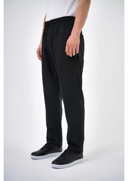 Erkek Regular Fit Bağcıklı Düz Paça Pantolon Siyah