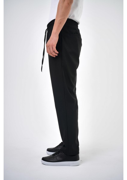 Erkek Regular Fit Bağcıklı Düz Paça Pantolon Siyah