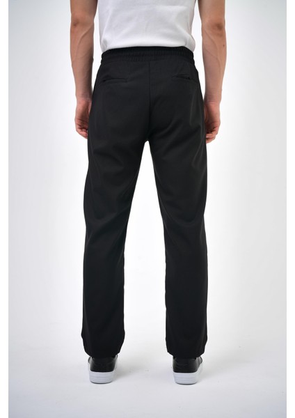 Erkek Regular Fit Bağcıklı Düz Paça Pantolon Siyah