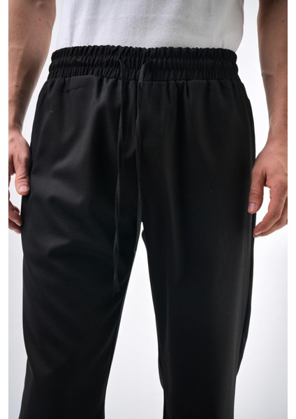 Erkek Regular Fit Bağcıklı Düz Paça Pantolon Siyah