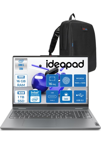 ıdeapad 5 16IRU9 Intel® Core™ 5 120U 16GB 1tb SSD 16" Wuxga 300NITS Dokunmatik Freedos Taşınabilir Bilgisayar+Lenovo Pen 883DU0053TR03+ZETTAÇANTA