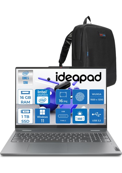 ıdeapad 5 16IRU9 Intel® Core™ 5 120U 16GB 1tb SSD 16" Wuxga 300NITS Dokunmatik W11PRO Taşınabilir Bilgisayar+Lenovo Pen 883DU0053TR09+ZETTAÇANTA