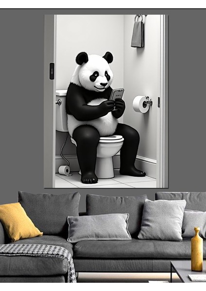 Tuvalette Panda Eğlencesi Dekoratif Kanvas - Mdf Ahşap Tablo