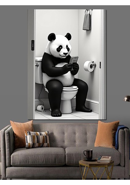 Tuvalette Panda Eğlencesi Dekoratif Kanvas - Mdf Ahşap Tablo fiyatları