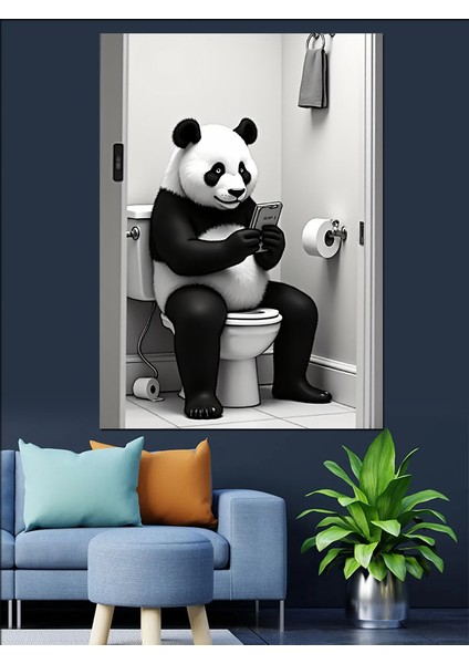 Tuvalette Panda Eğlencesi Dekoratif Kanvas - Mdf Ahşap Tablo modelleri