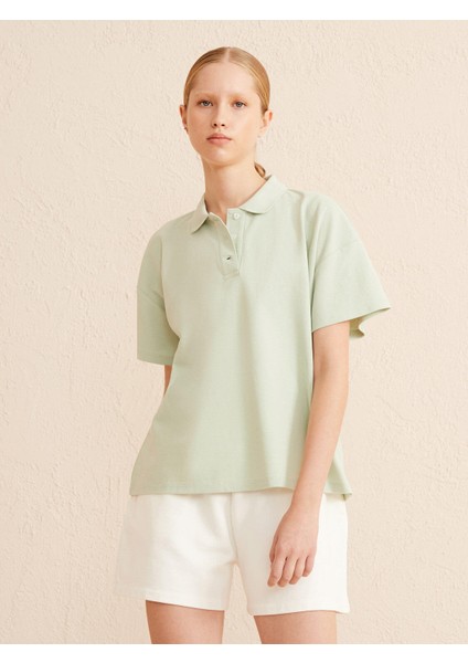 Kadın Mavi Oversize Pamuklu Polo Yaka Basic Tişört
