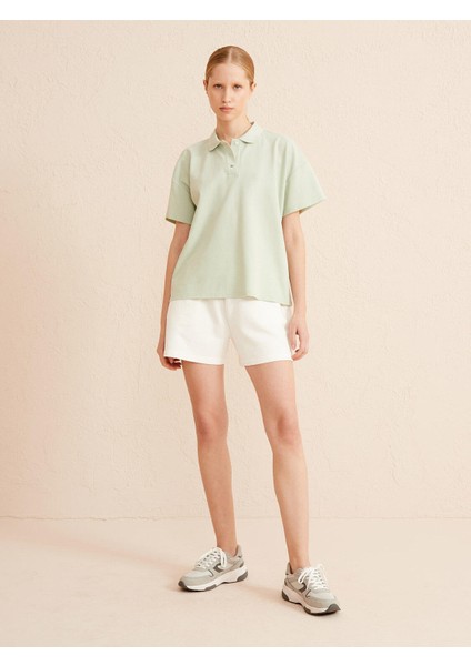 Kadın Mavi Oversize Pamuklu Polo Yaka Basic Tişört