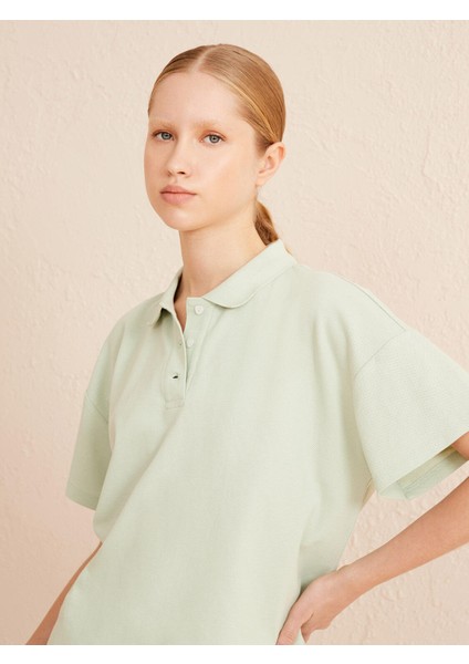 Kadın Mavi Oversize Pamuklu Polo Yaka Basic Tişört