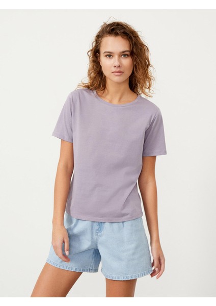 Kadın Lila Regular Fit Pamuklu Basic Tişört