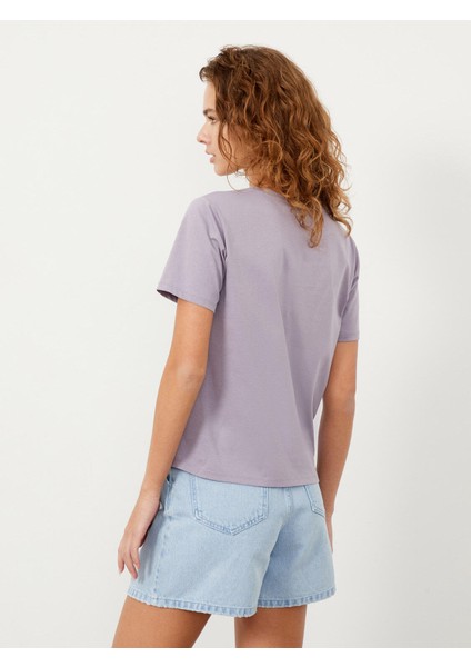 Kadın Lila Regular Fit Pamuklu Basic Tişört fırsatları