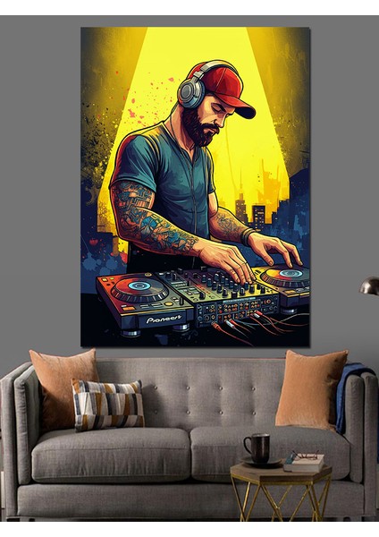 Dj ve Renkli Arkaplan Dekoratif Kanvas - Mdf Ahşap Tablo