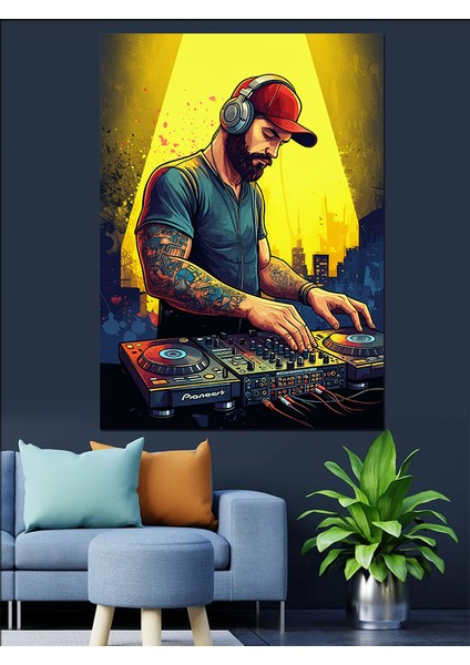 Dj ve Renkli Arkaplan Dekoratif Kanvas - Mdf Ahşap Tablo