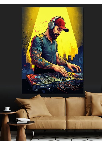 Dj ve Renkli Arkaplan Dekoratif Kanvas - Mdf Ahşap Tablo