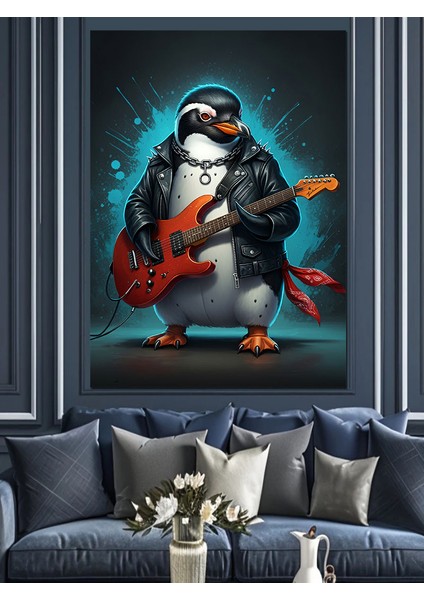 Gitar Çalan Penguen Dekoratif Kanvas - Mdf Ahşap Tablo