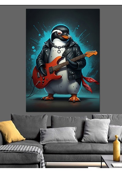 Gitar Çalan Penguen Dekoratif Kanvas - Mdf Ahşap Tablo fiyatları