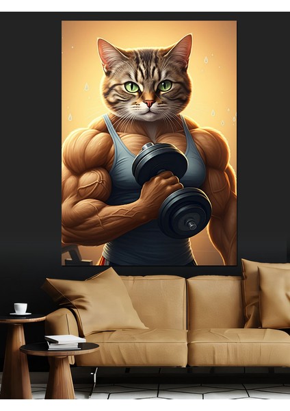 Kaslı Sporcu Kedi Dekoratif Kanvas - Mdf Ahşap Tablo