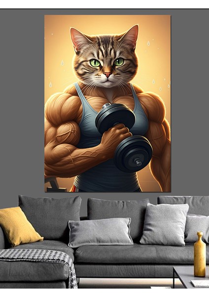 Kaslı Sporcu Kedi Dekoratif Kanvas - Mdf Ahşap Tablo modelleri