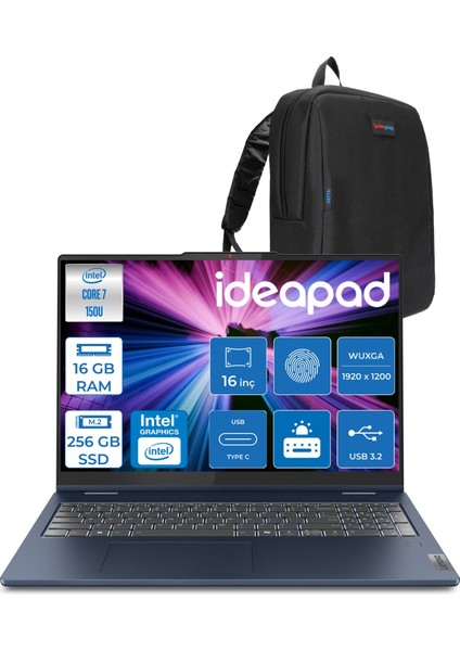 ıdeapad 5 16IRU9 Intel® Core™ 7 150U 16GB 256GB SSD 16" Wuxga 300NITS Dokunmatik Freedos Taşınabilir Bilgisayar+Lenovo Pen 883DU0052TR01+ZETTAÇANTA