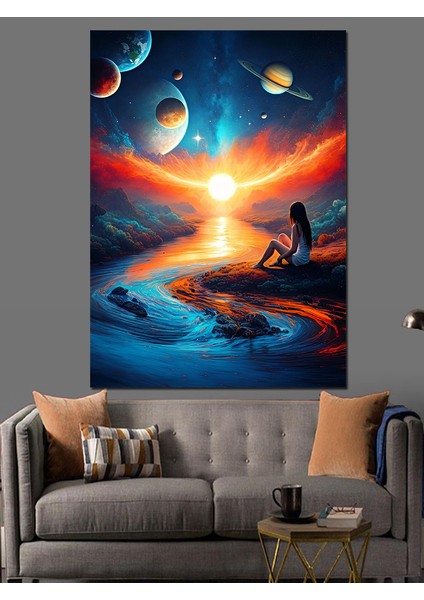 Gezegenler Manzarasında Meditasyon Dekoratif Kanvas - Mdf Ahşap Tablo