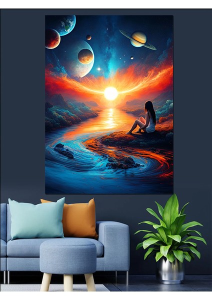 Gezegenler Manzarasında Meditasyon Dekoratif Kanvas - Mdf Ahşap Tablo fiyatları