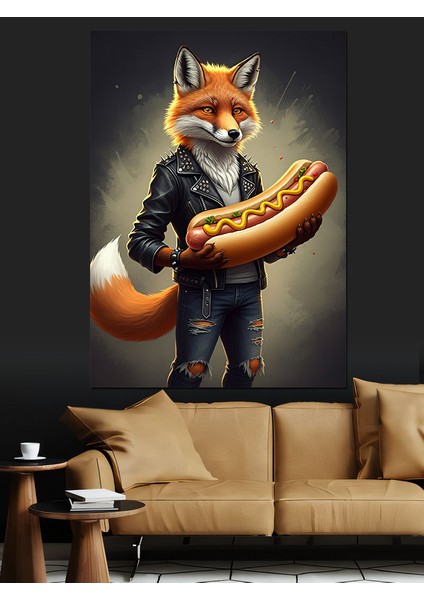 Hotdog Tutan Tilki Dekoratif Kanvas - Mdf Ahşap Tablo