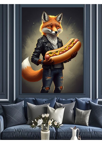 Hotdog Tutan Tilki Dekoratif Kanvas - Mdf Ahşap Tablo