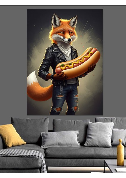 Hotdog Tutan Tilki Dekoratif Kanvas - Mdf Ahşap Tablo